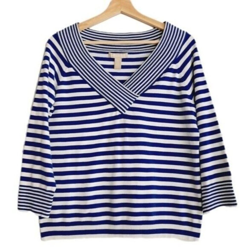 Banana Republic Blue and White Striped V-Neck Sweater